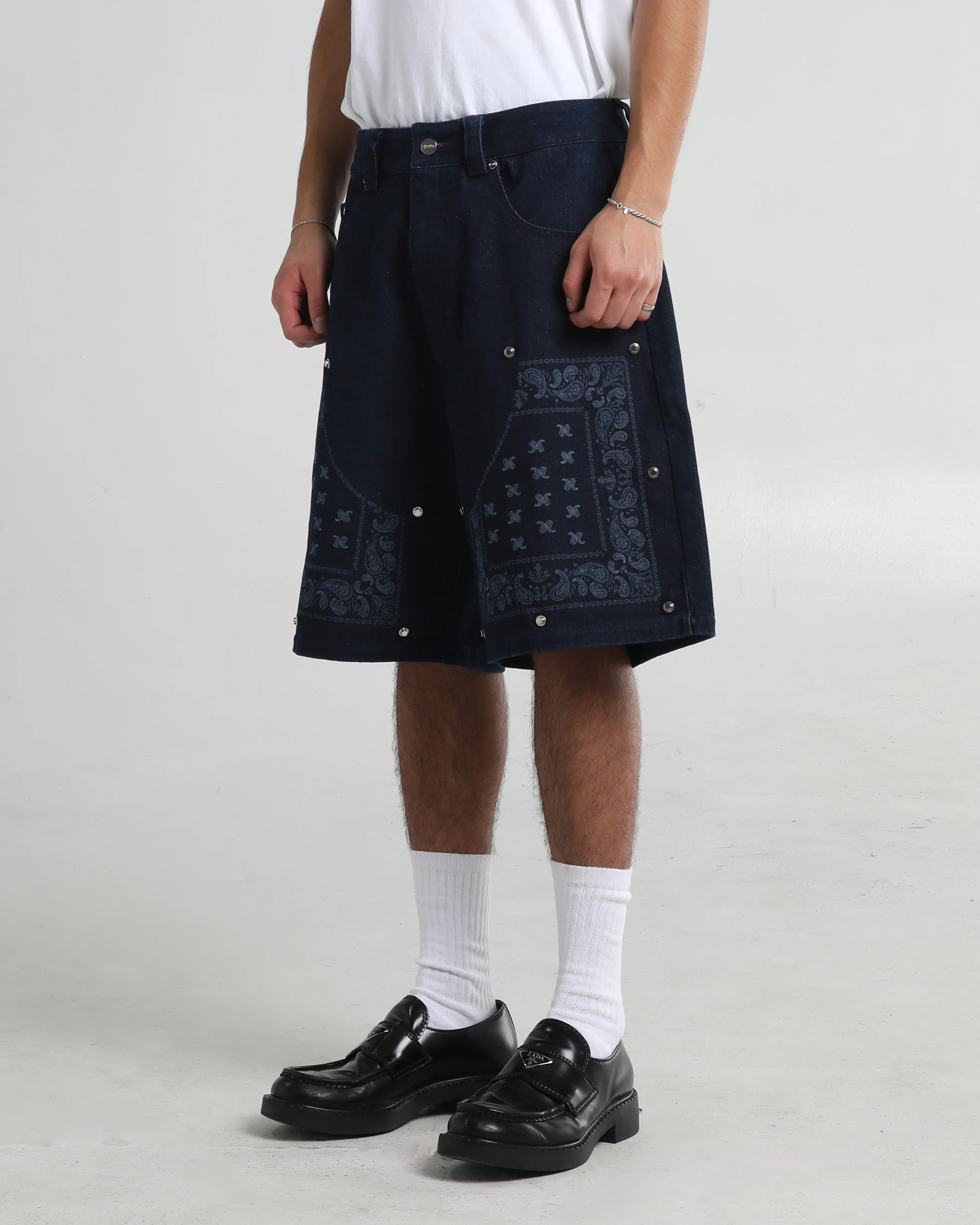 Double Knee Paisley Denim Shorts - Image 12